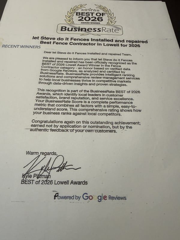 BusinessRate Best of 2026 Award naming Let Steve Do It Fences the best fence contractor in Lowell